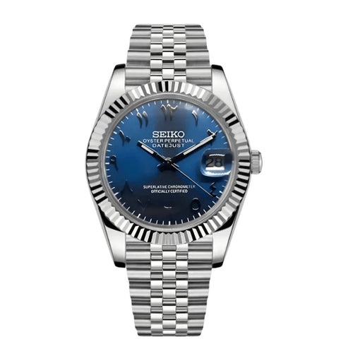 Date Mod – Steel · Blue Arabic Dial II – Automatic — with Seiko logo