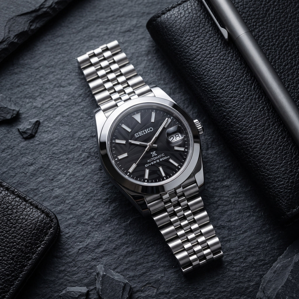 Date Mod – Steel · Blue Motif Dial – Automatic – lifestyle flat lay