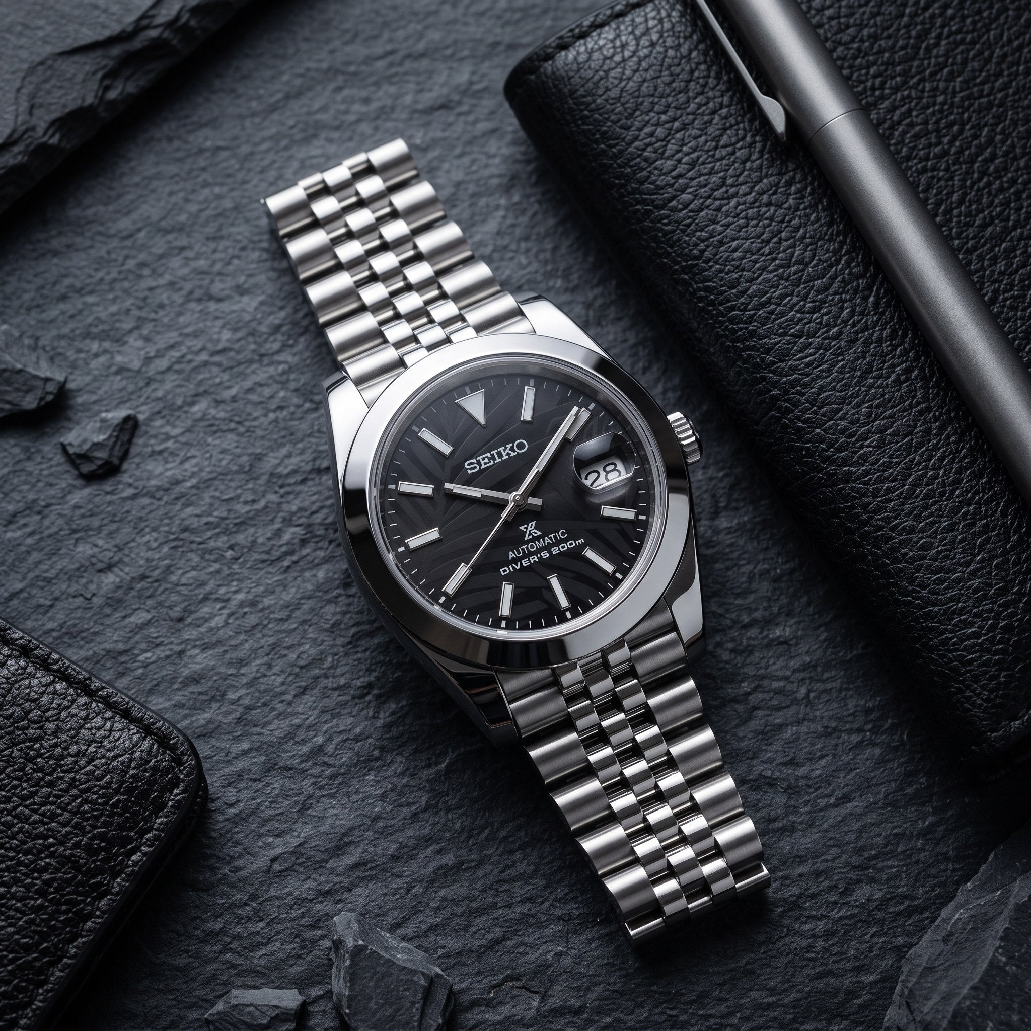 Date Mod – Steel · Blue Motif Dial – Automatic – lifestyle flat lay