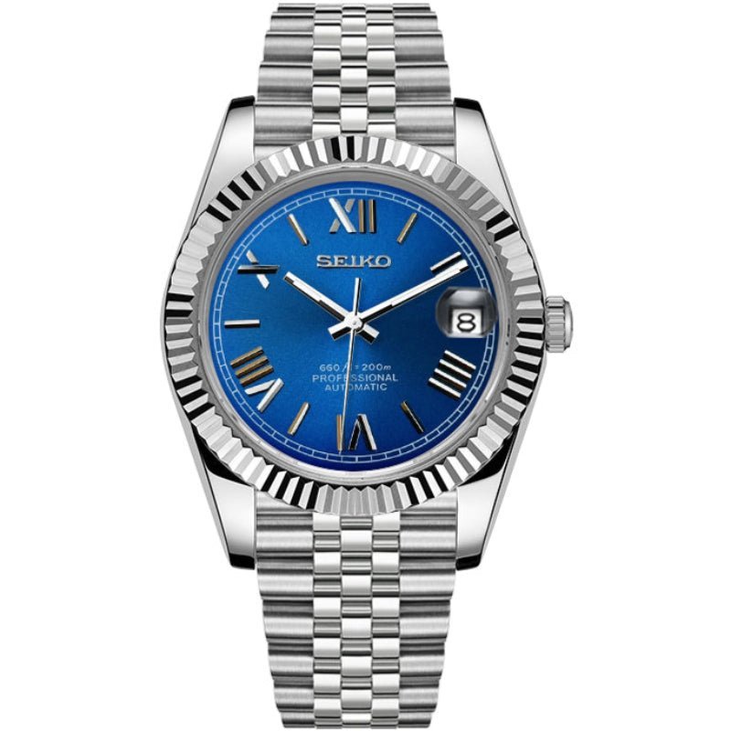 Date Mod – Steel · Blue Roman Dial II – Automatic — with Seiko logo