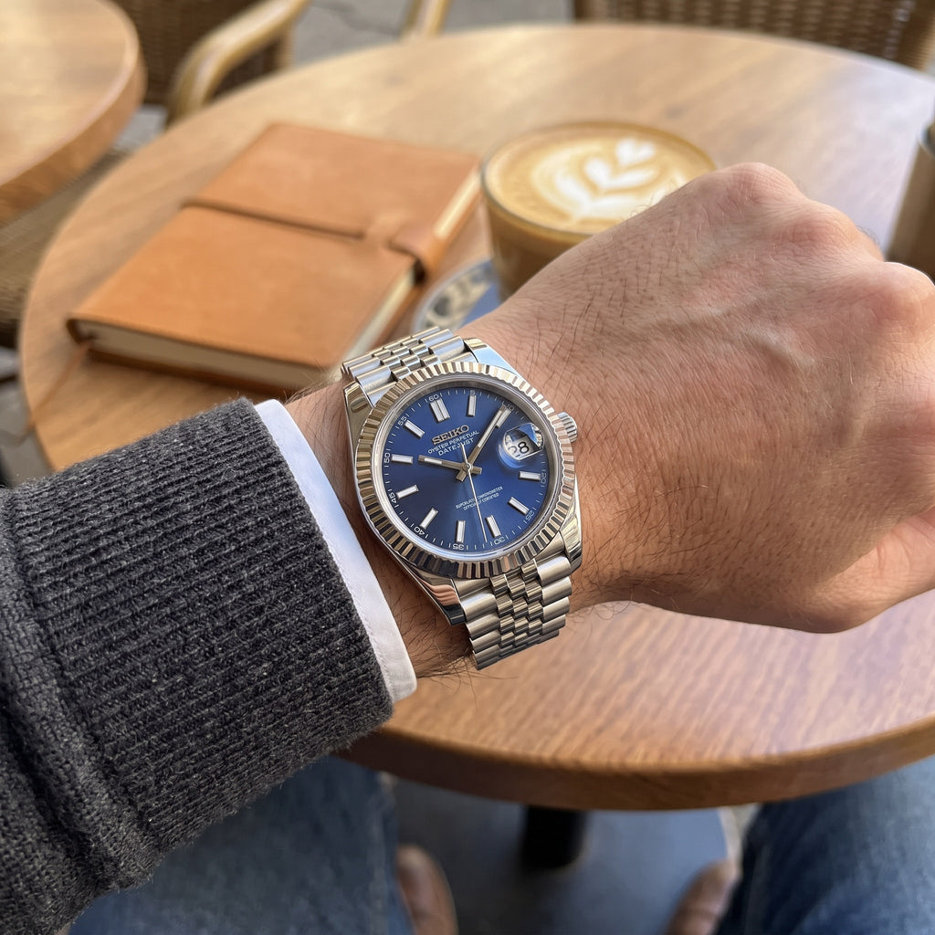 Date Mod – Steel · Blue Stick Dial – Automatic – on-wrist view