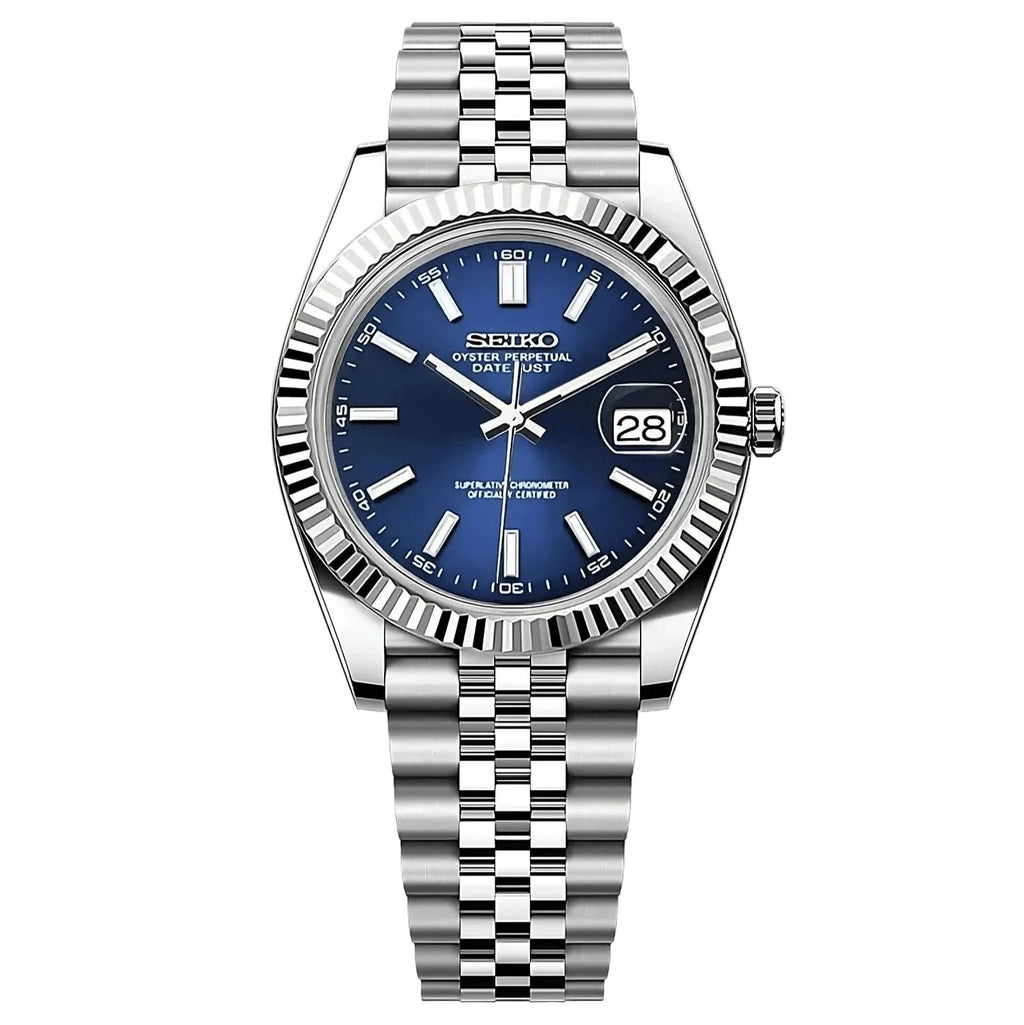 Date Mod – Steel · Blue Stick Dial – Automatic — with Seiko logo