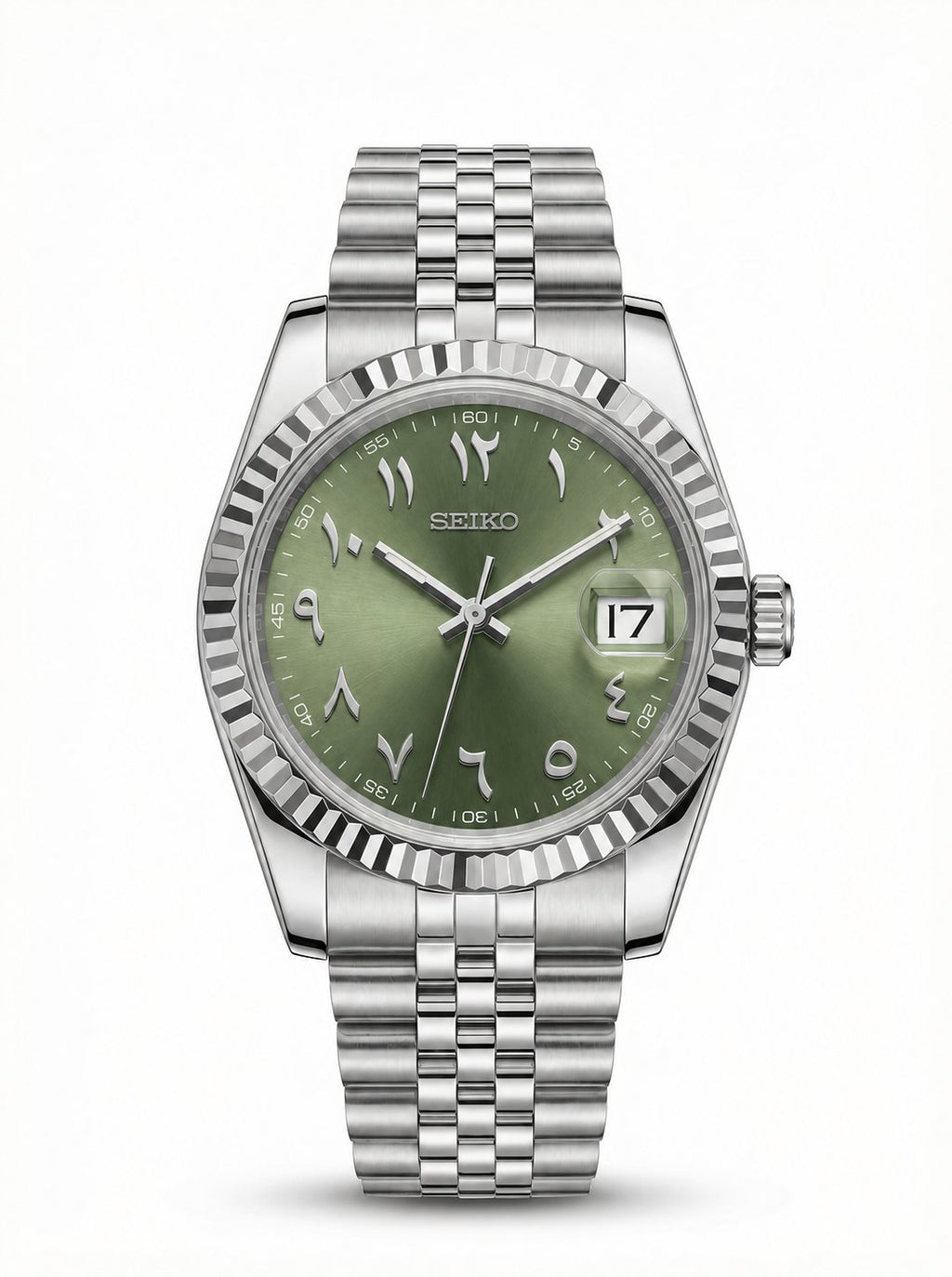 Date Mod – Steel · Green Arabic Dial – Automatic — with Seiko logo
