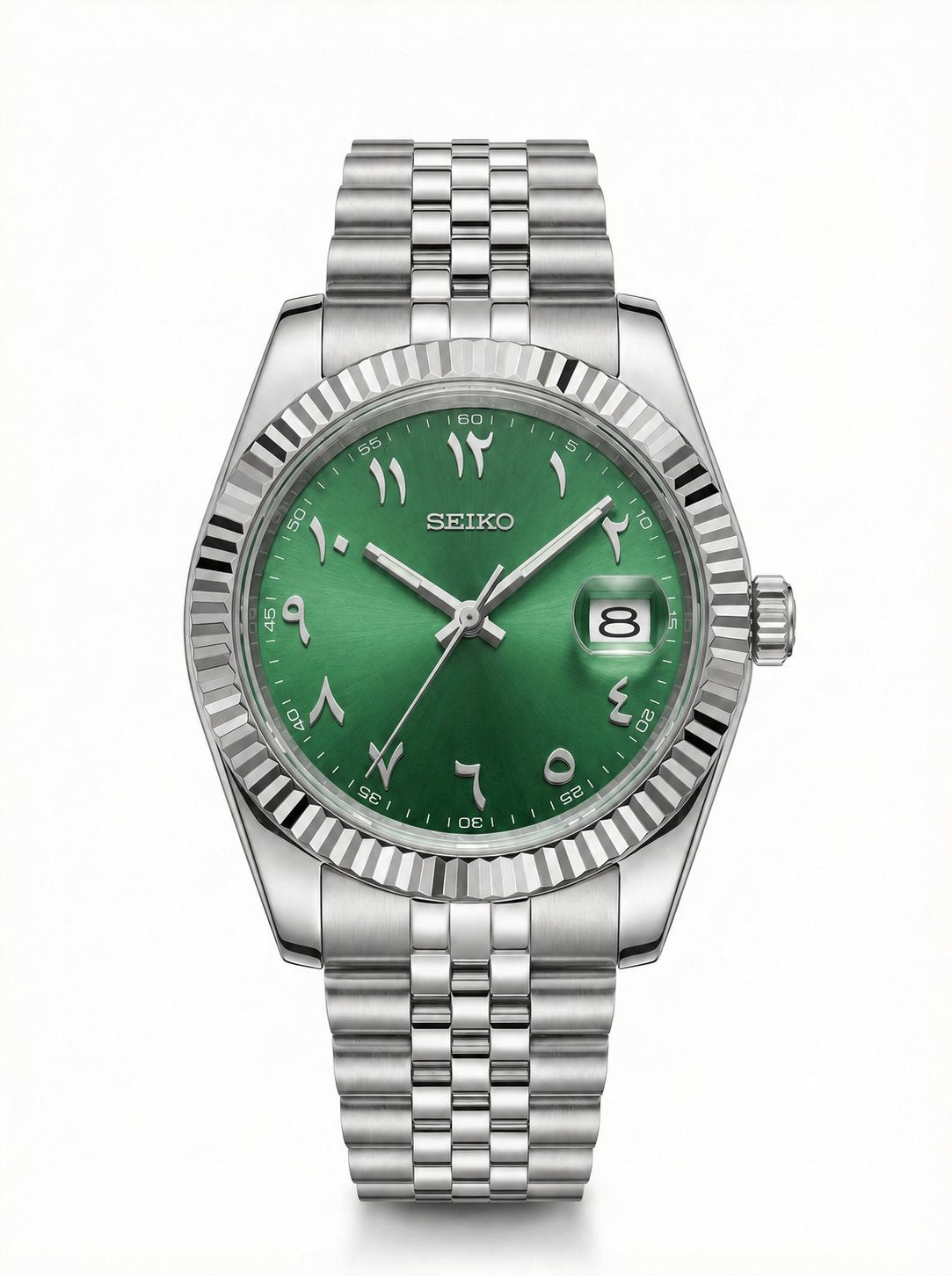 Date Mod – Steel · Green Arabic Dial II – Automatic — with Seiko logo