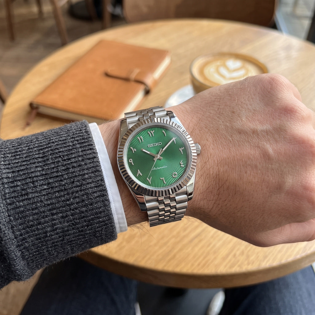 Date Mod – Steel · Green Arabic Dial III – Automatic – on-wrist view