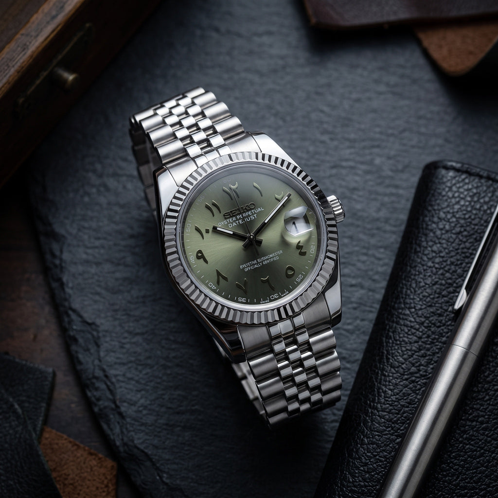 Date Mod – Steel · Green Arabic Dial IV – Automatic – lifestyle flat lay