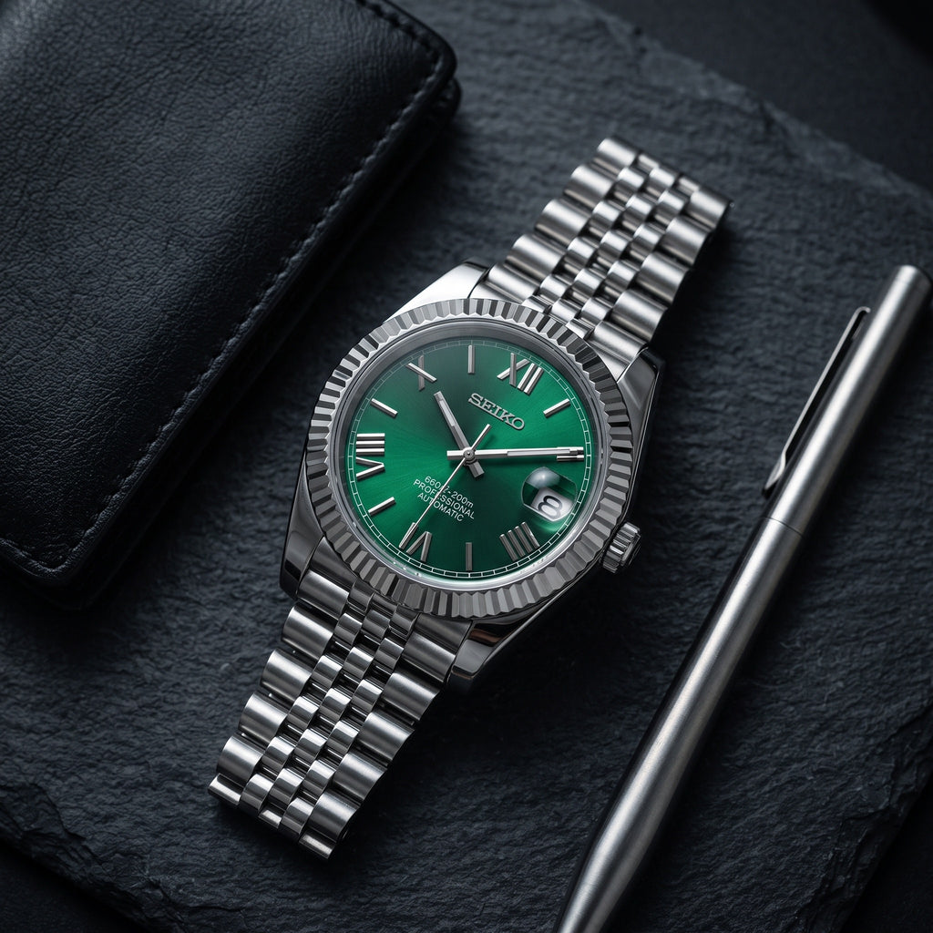 Date Mod – Steel · Green Roman Dial – Automatic – lifestyle flat lay