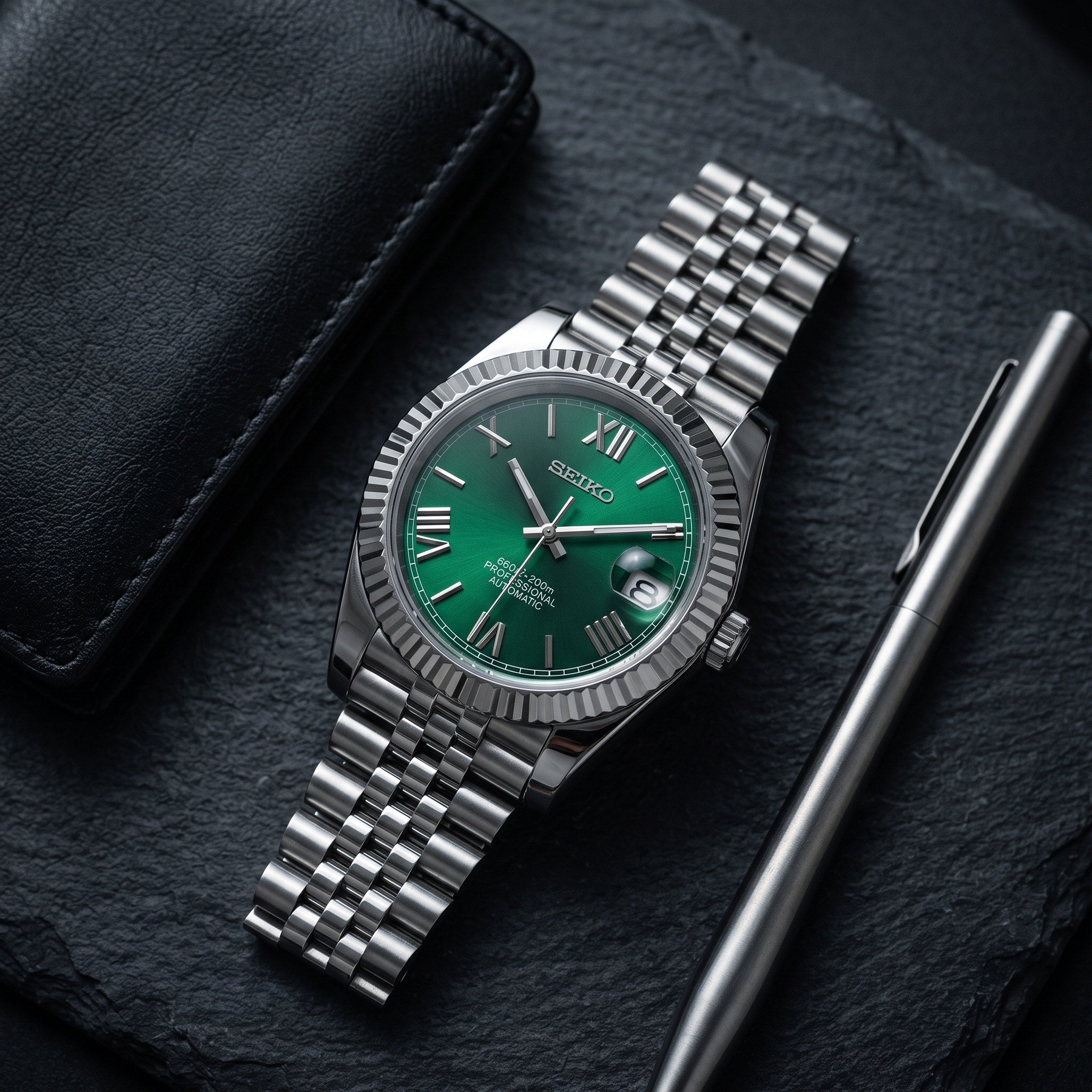 Date Mod – Steel · Green Roman Dial – Automatic – lifestyle flat lay