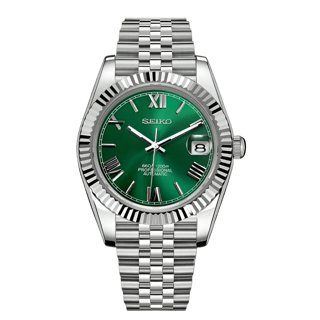 Date Mod – Steel · Green Roman Dial – Automatic — with Seiko logo