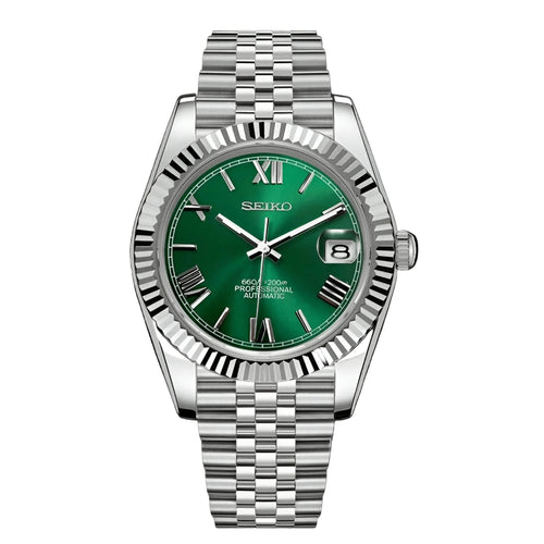 Date Mod – Steel · Green Roman Dial – Automatic — with Seiko logo