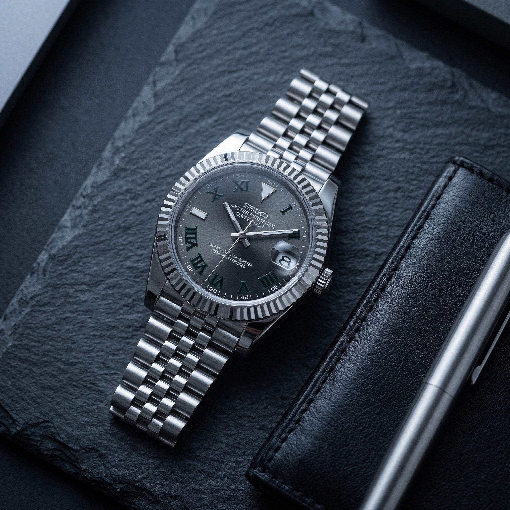 Date Mod – Steel · Green Stick Dial – Automatic – lifestyle flat lay