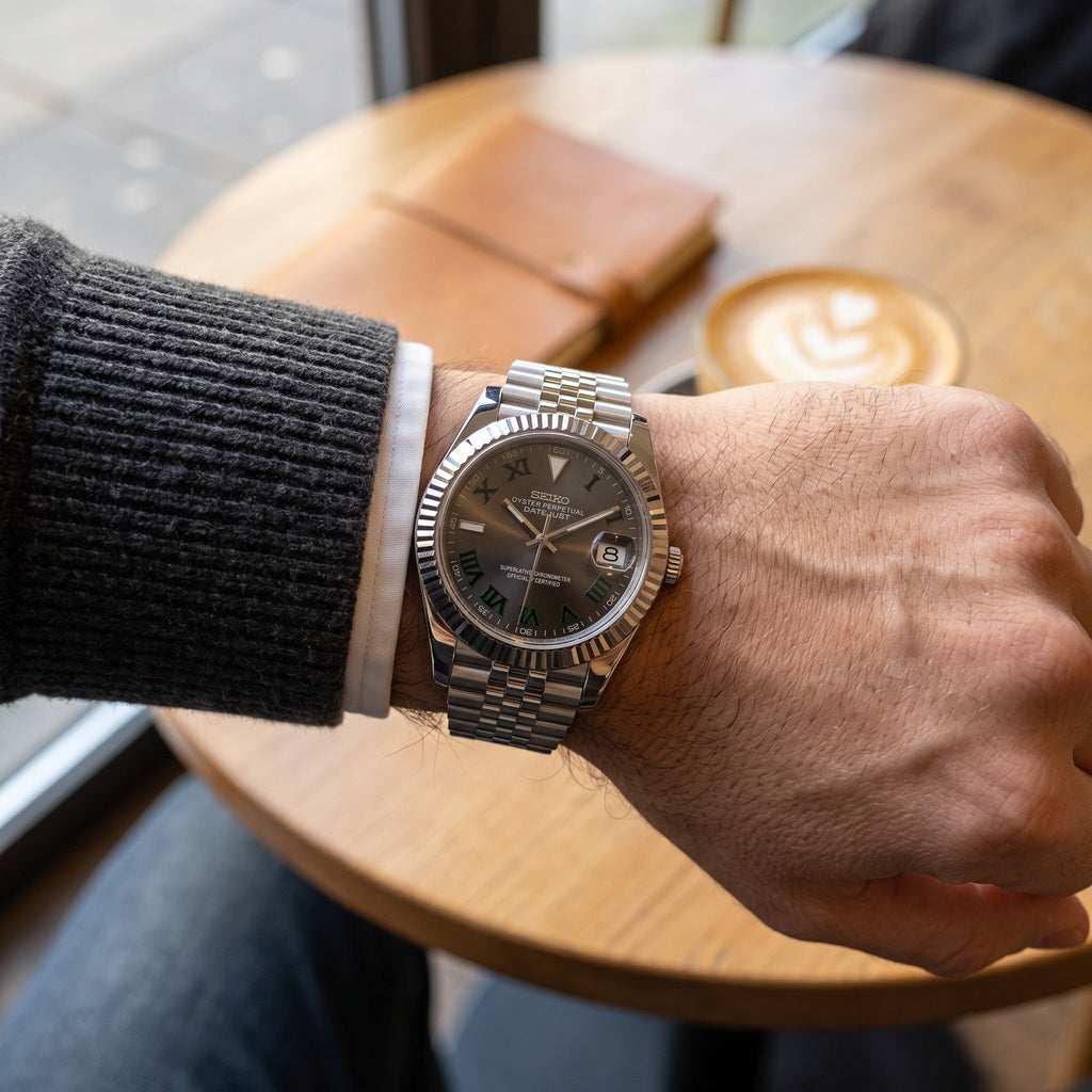 Date Mod – Steel · Green Stick Dial – Automatic – on-wrist view
