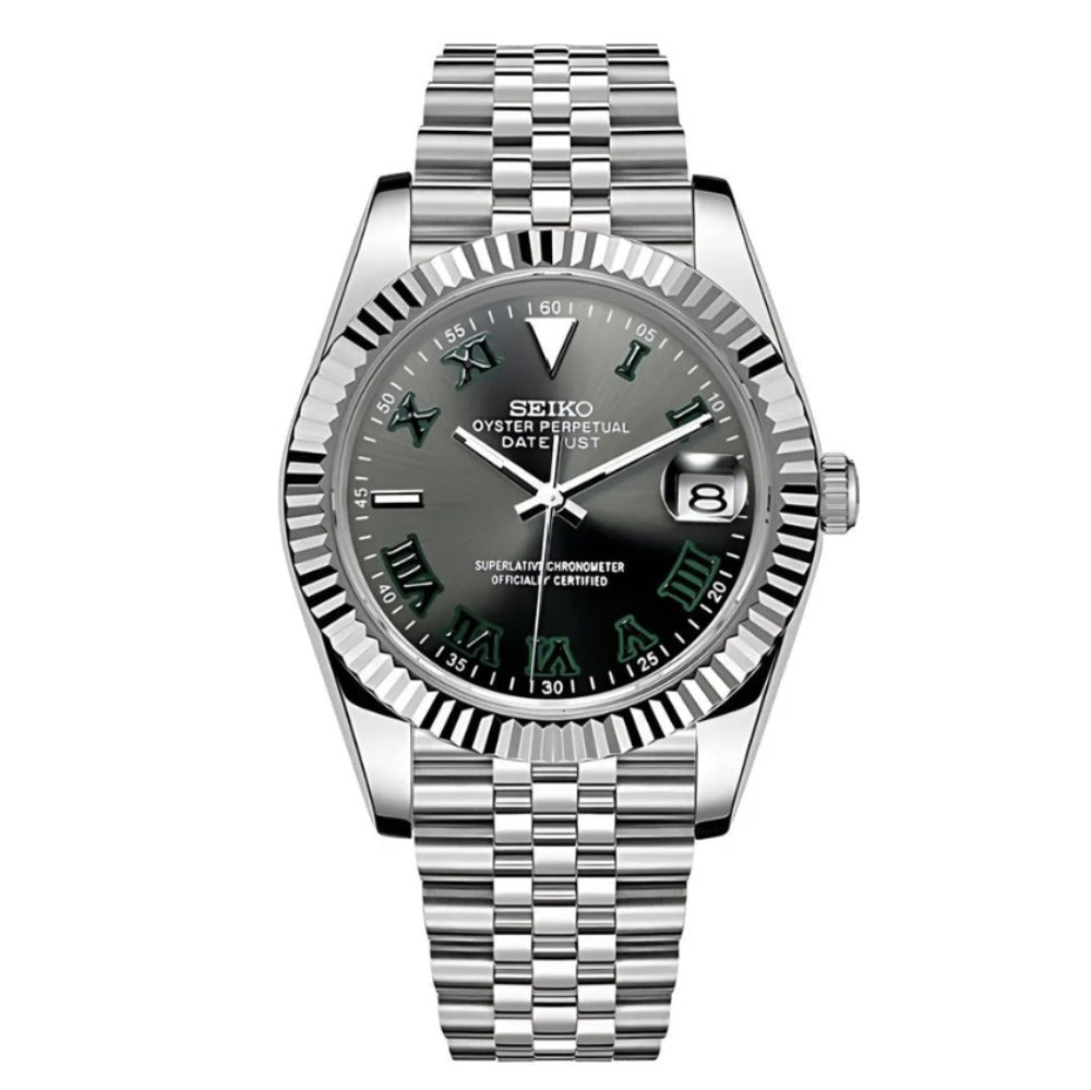 Date Mod – Steel · Green Stick Dial – Automatic — with Seiko logo