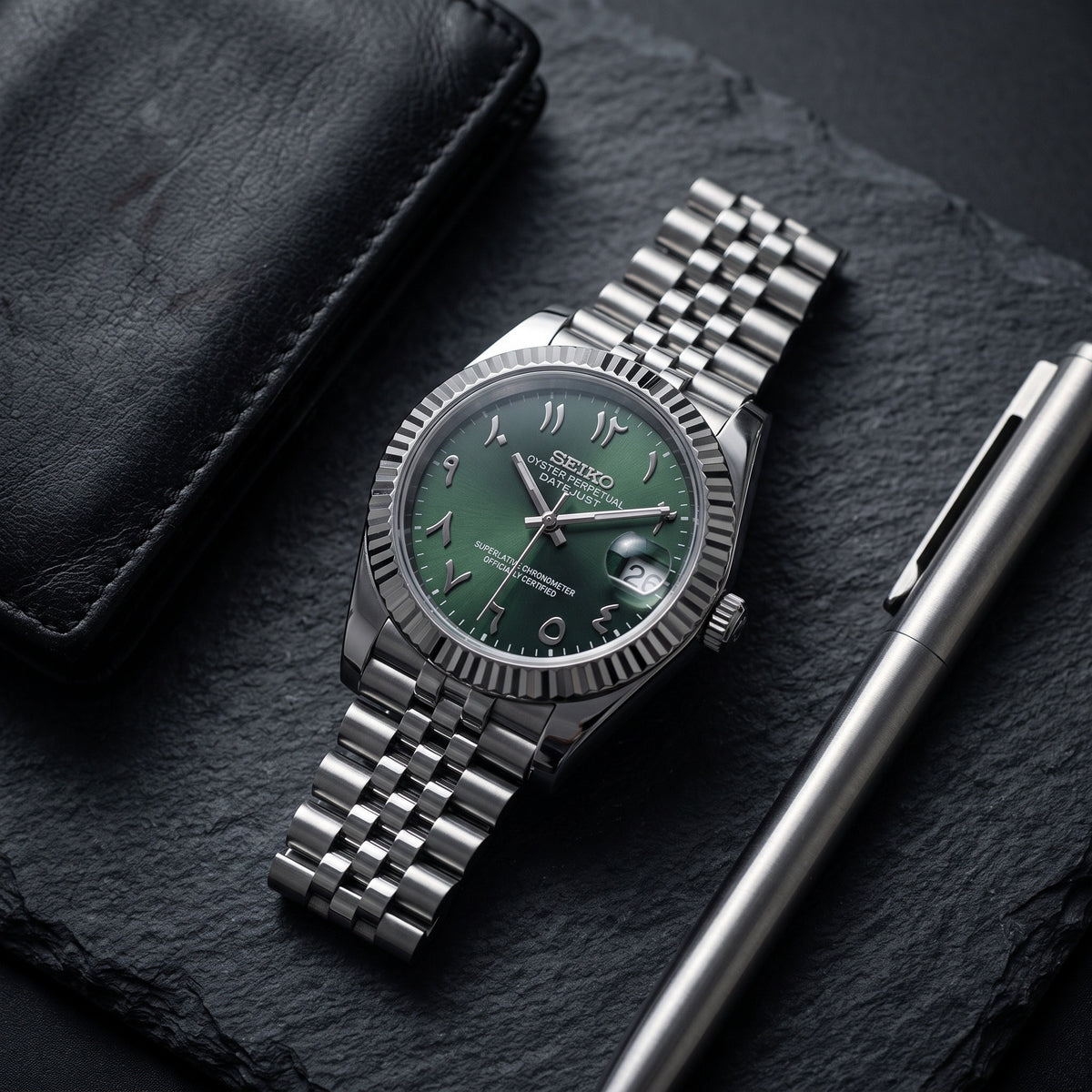 Date Mod – Steel · Green Stick Dial II – Automatic – lifestyle flat lay