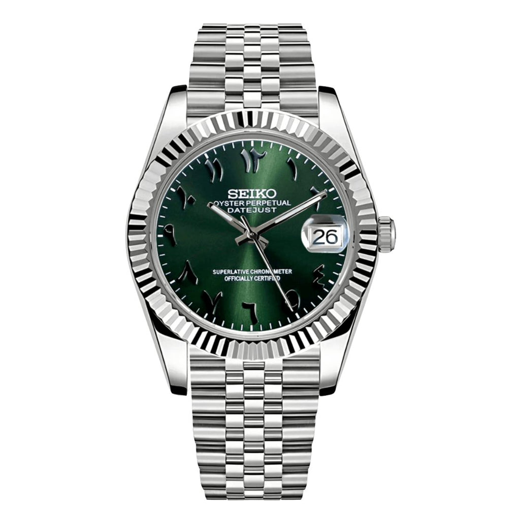 Date Mod – Steel · Green Stick Dial II – Automatic — with Seiko logo