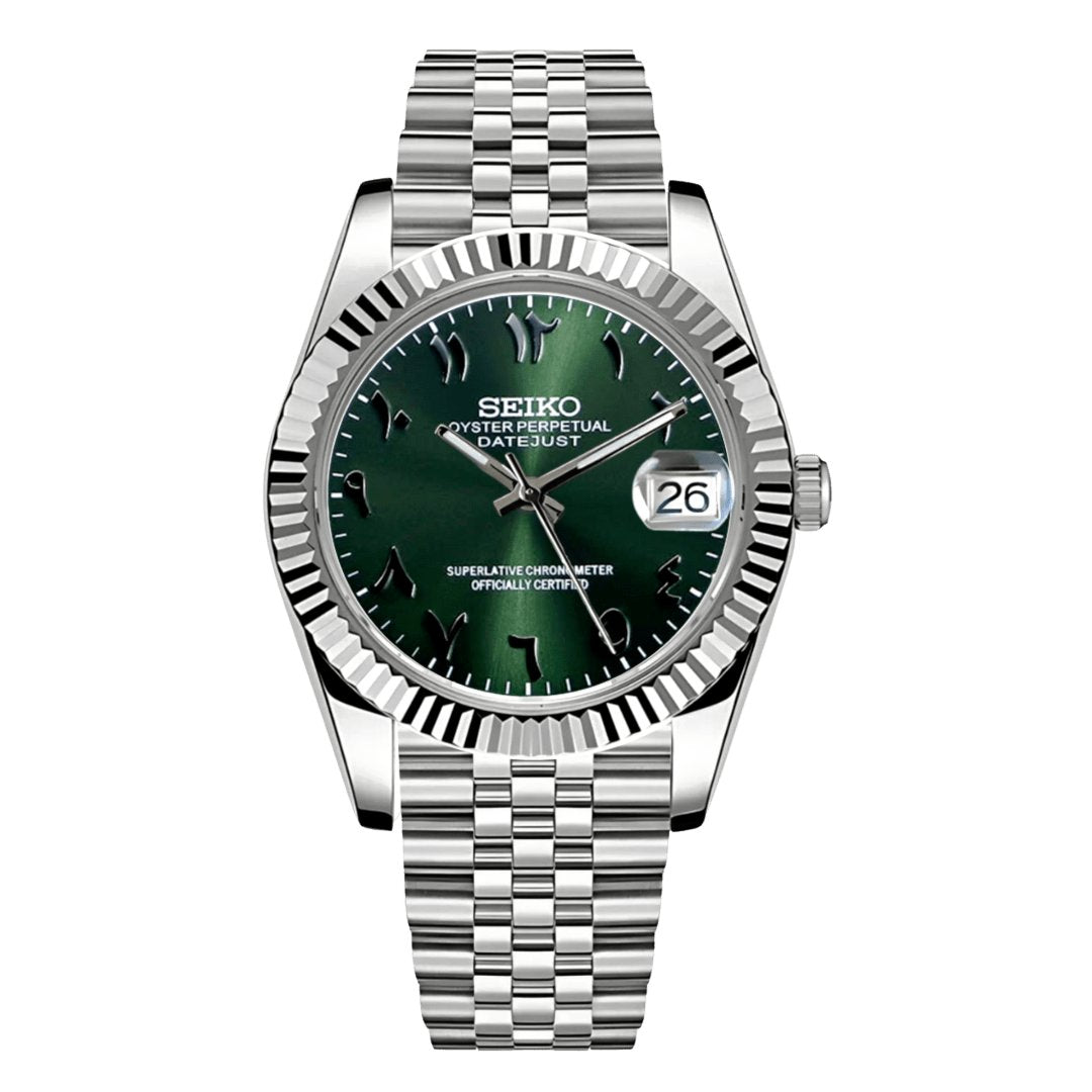 Date Mod – Steel · Green Stick Dial II – Automatic — with Seiko logo