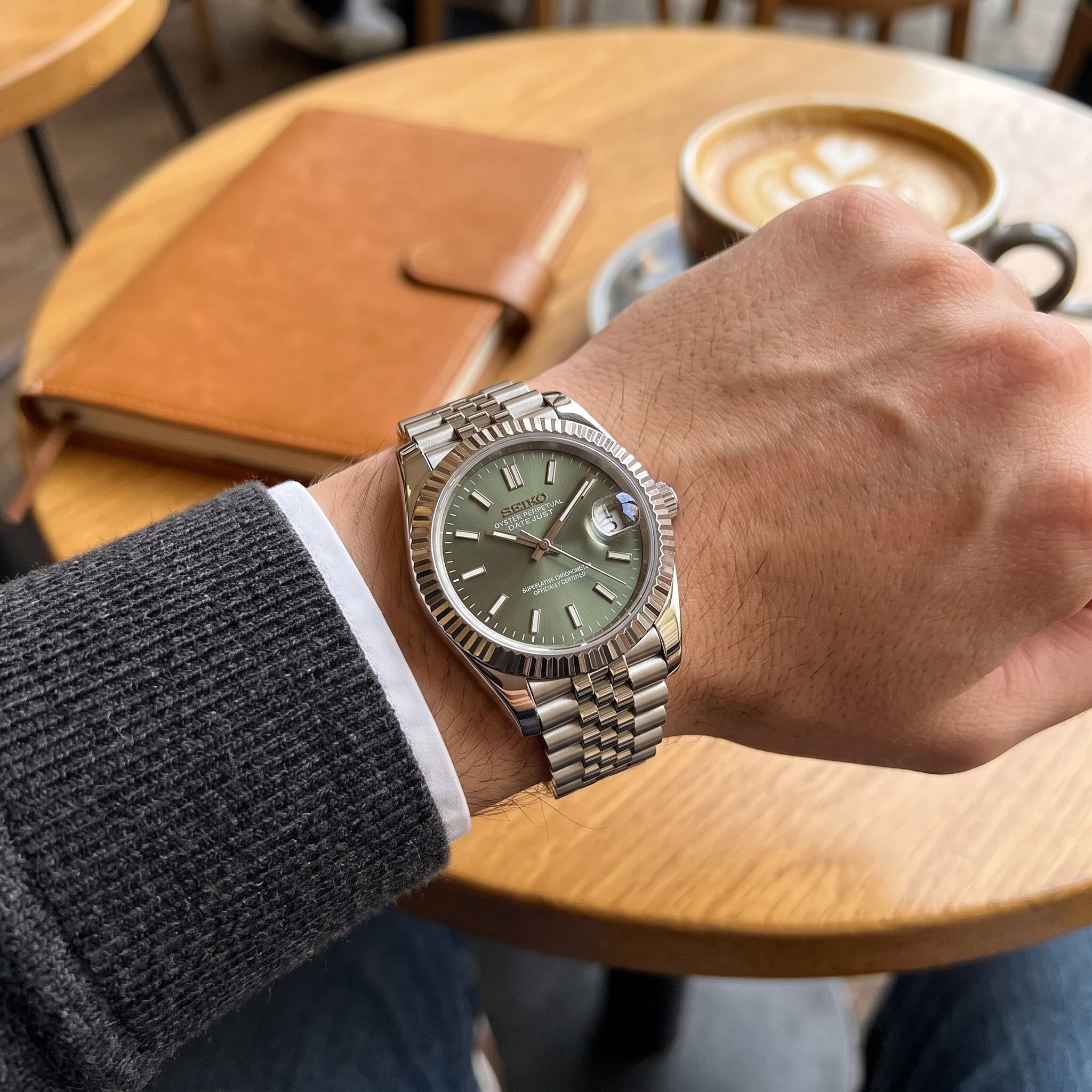 Date Mod – Steel · Green Stick Dial III – Automatic – on-wrist view