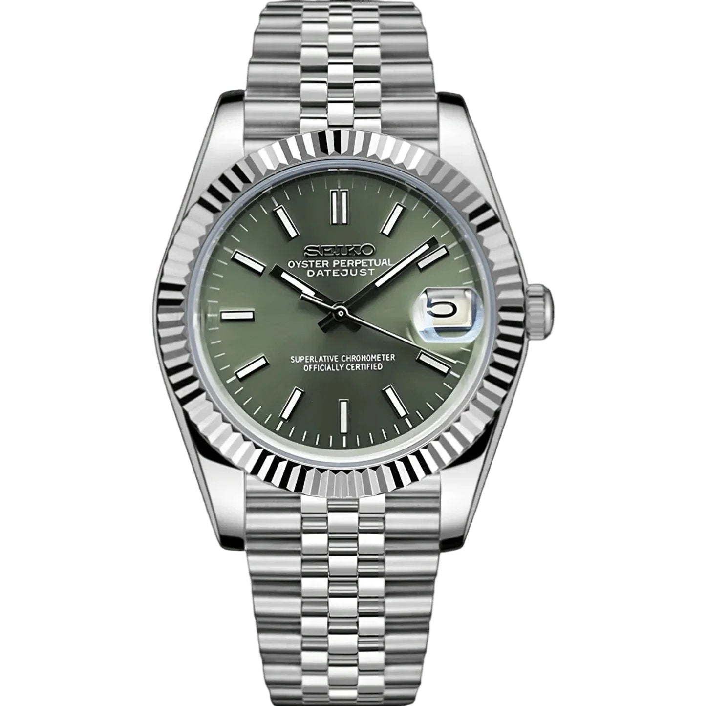 Date Mod – Steel · Green Stick Dial III – Automatic — with Seiko logo