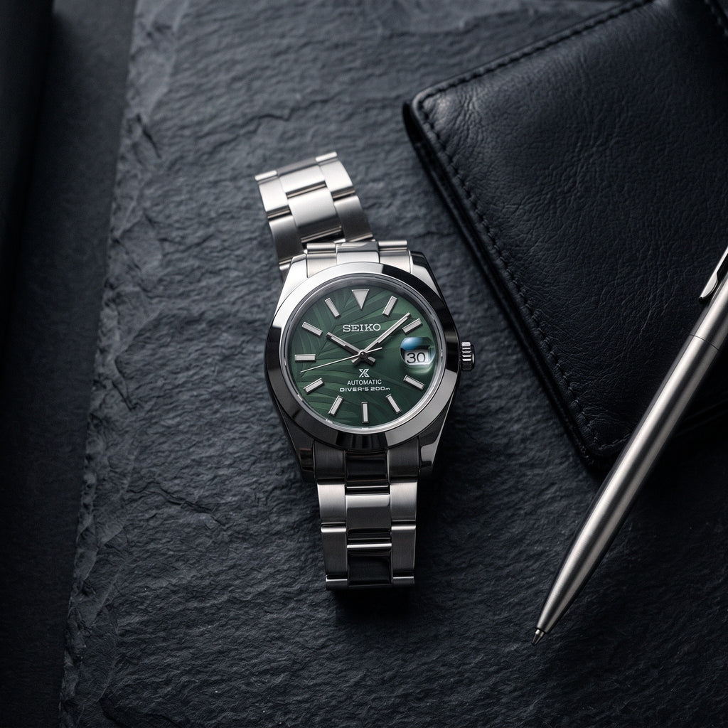 Date Mod – Steel · Green Stick Dial · Smooth Bezel – Automatic – lifestyle flat lay