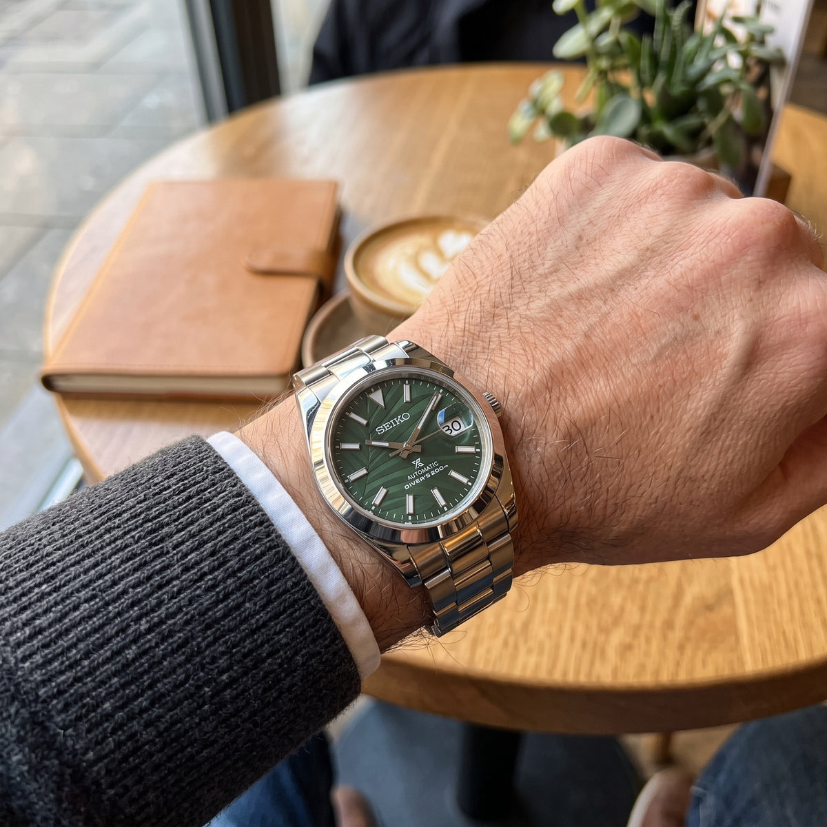 Date Mod – Steel · Green Stick Dial · Smooth Bezel – Automatic – on-wrist view