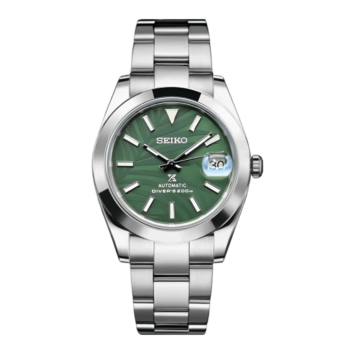 Date Mod – Steel · Green Stick Dial · Smooth Bezel – Automatic — with Seiko logo