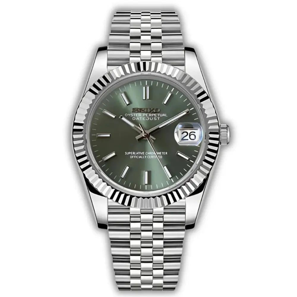 Date Mod – Steel · Green Sunburst Dial – Automatic — with Seiko logo