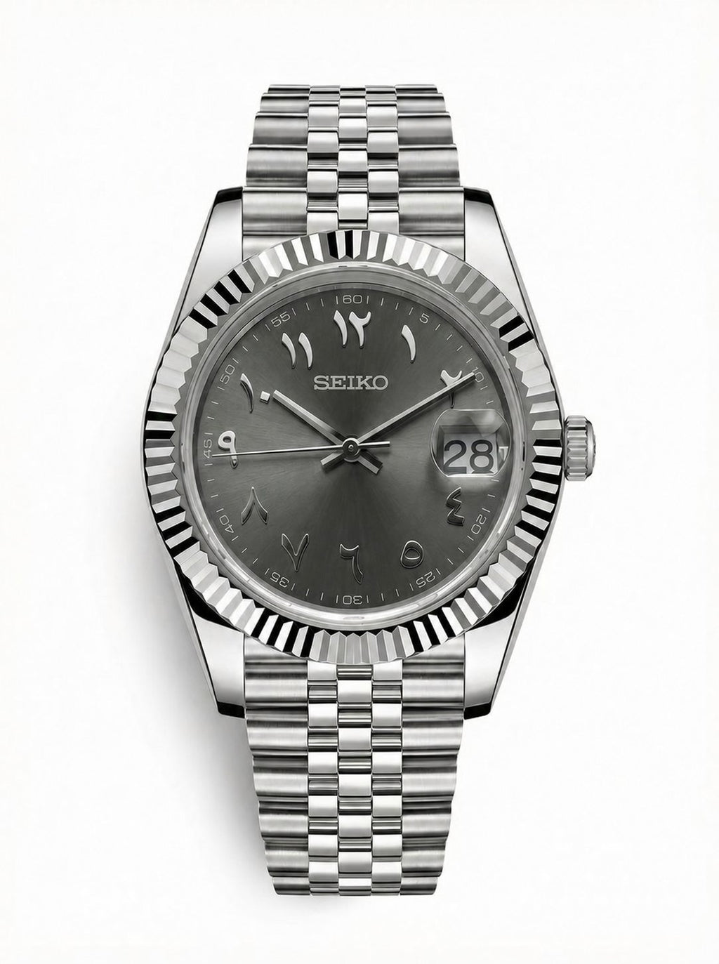Date Mod – Steel · Grey Arabic Dial – Automatic — with Seiko logo