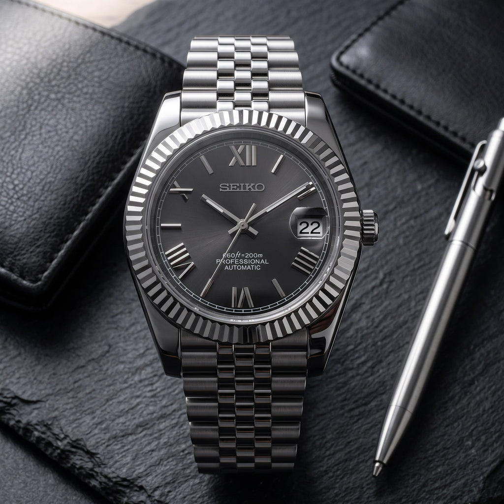 Date Mod – Steel · Grey Roman Dial – Automatic – lifestyle flat lay