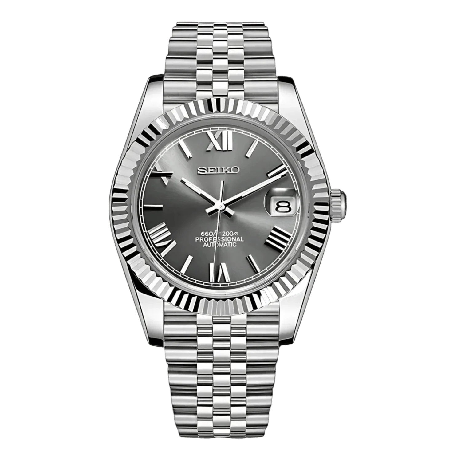 Date Mod – Steel · Grey Roman Dial – Automatic — with Seiko logo