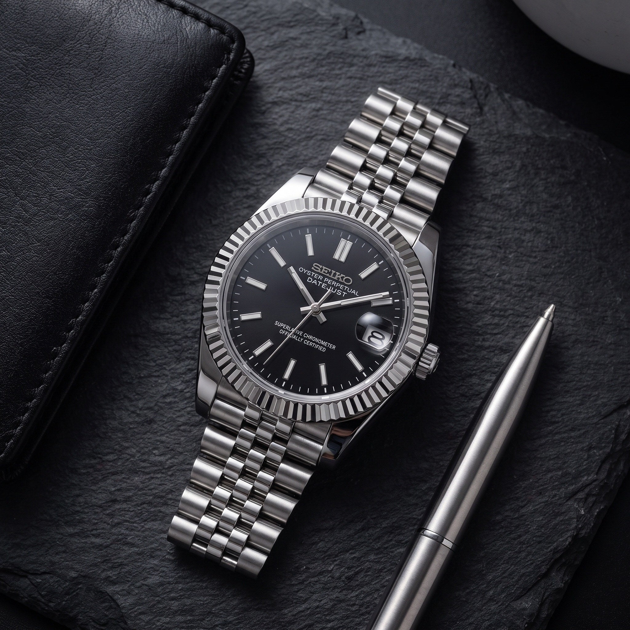 Date Mod – Steel · Grey Stick Dial – Automatic – lifestyle flat lay