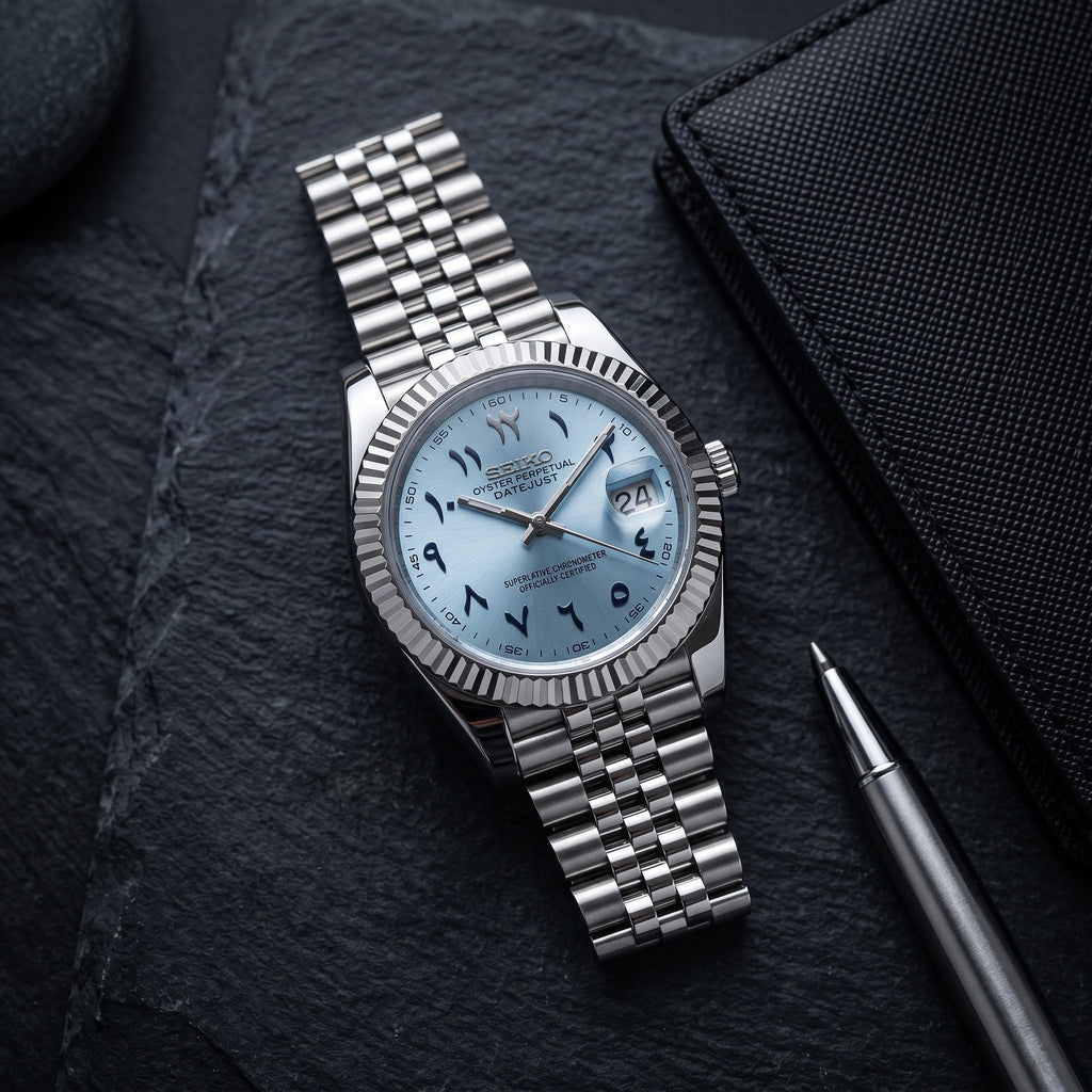 Date Mod – Steel · Ice-Blue Arabic Dial – Automatic – lifestyle flat lay