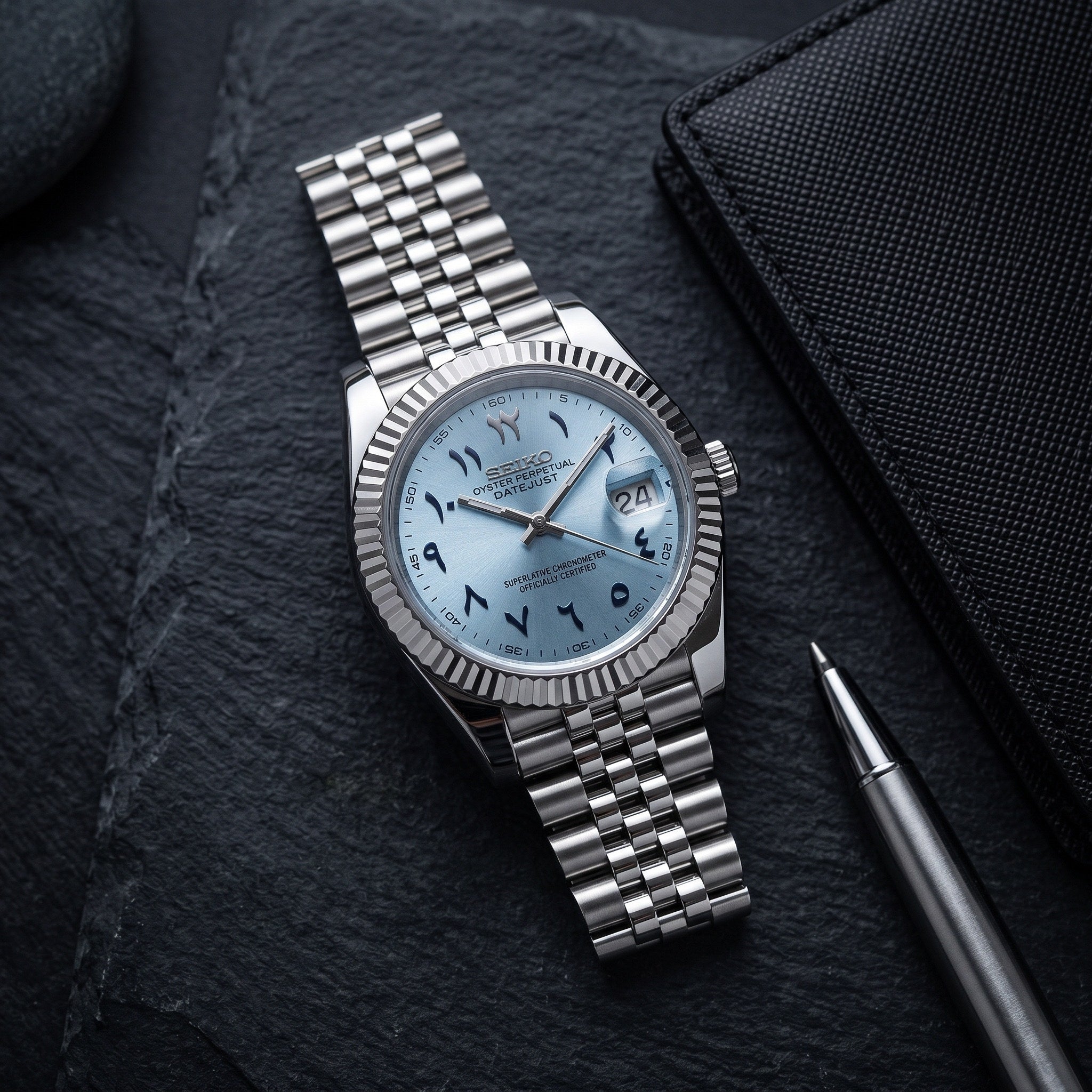Date Mod – Steel · Ice-Blue Arabic Dial – Automatic – lifestyle flat lay