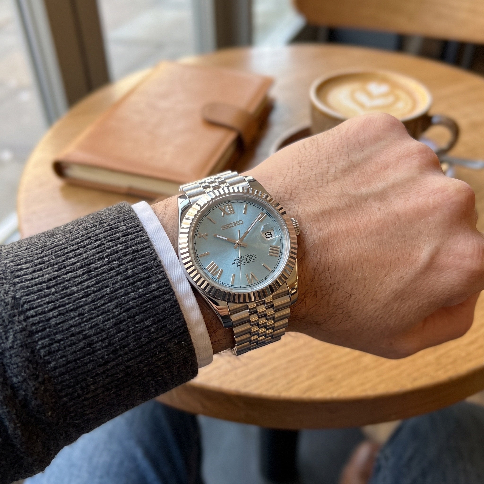 Date Mod – Steel · Ice-Blue Roman Dial – Automatic – on-wrist view