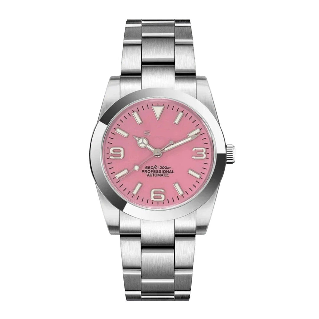 Date Mod – Steel · Pink Dial · Smooth Bezel – Automatic — with Seiko logo