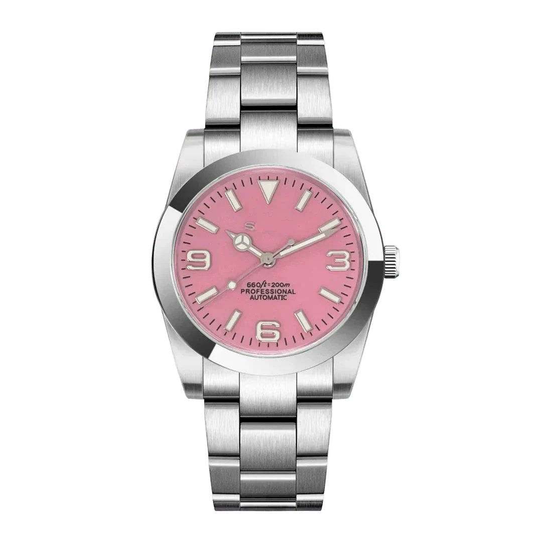Date Mod – Steel · Pink Dial · Smooth Bezel – Automatic — with Seiko logo
