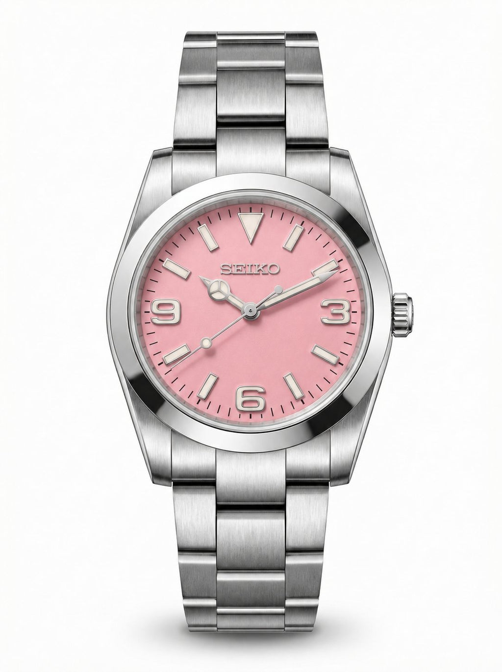 Date Mod – Steel · Pink Dial · Smooth Bezel – Automatic — with Seiko logo