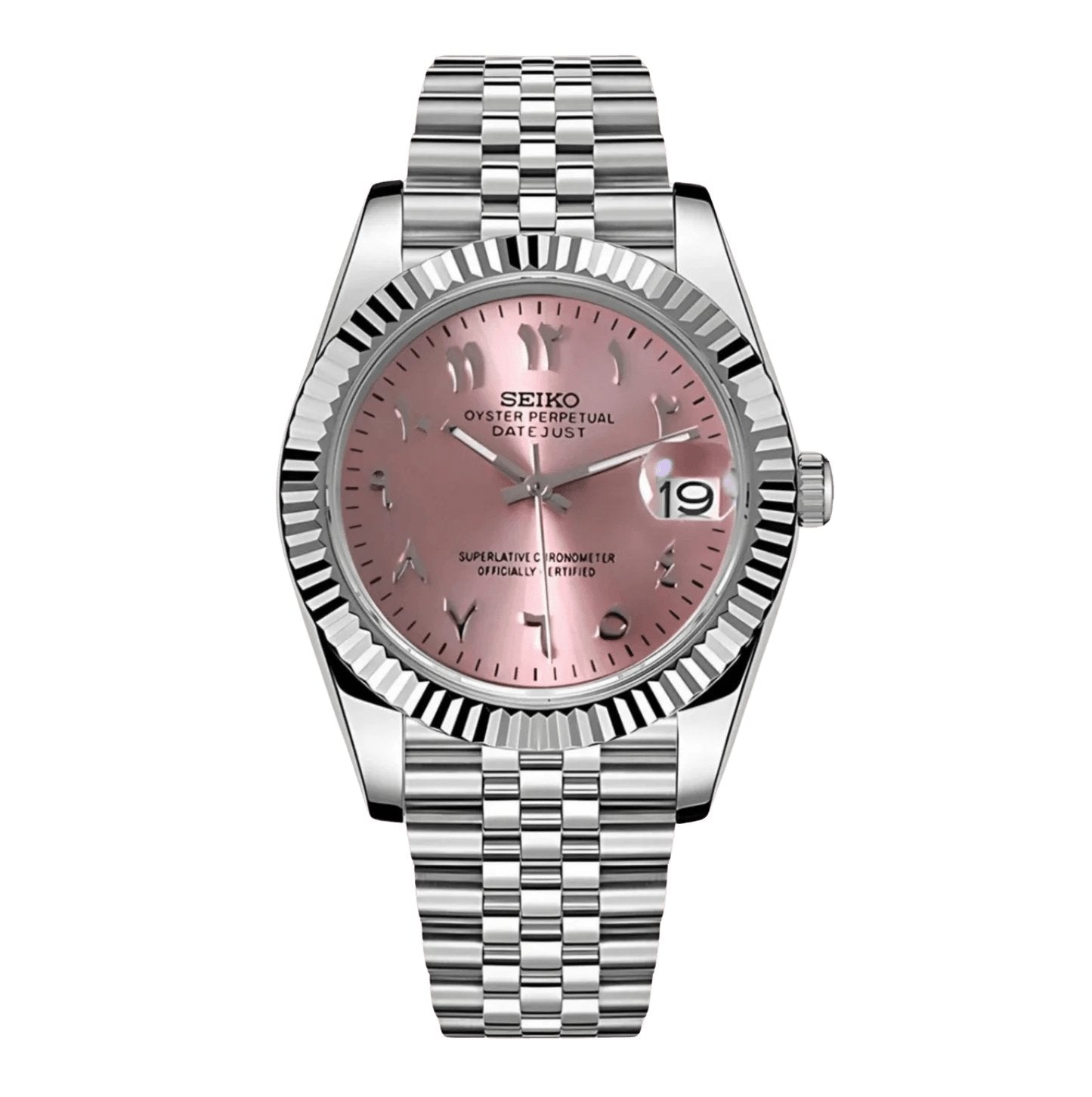 Date Mod – Steel · Pink Stick Dial – Automatic — with Seiko logo