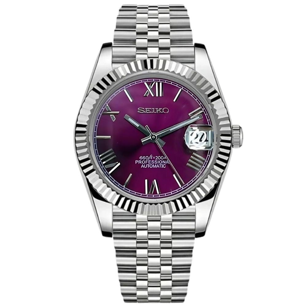 Date Mod – Steel · Purple Arabic Dial – Automatic — with Seiko logo
