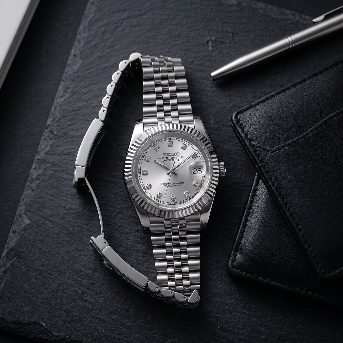 Date Mod – Steel · Silver Diamond Dial – Automatic – lifestyle flat lay