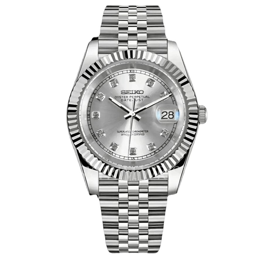 Date Mod – Steel · Silver Diamond Dial – Automatic — with Seiko logo