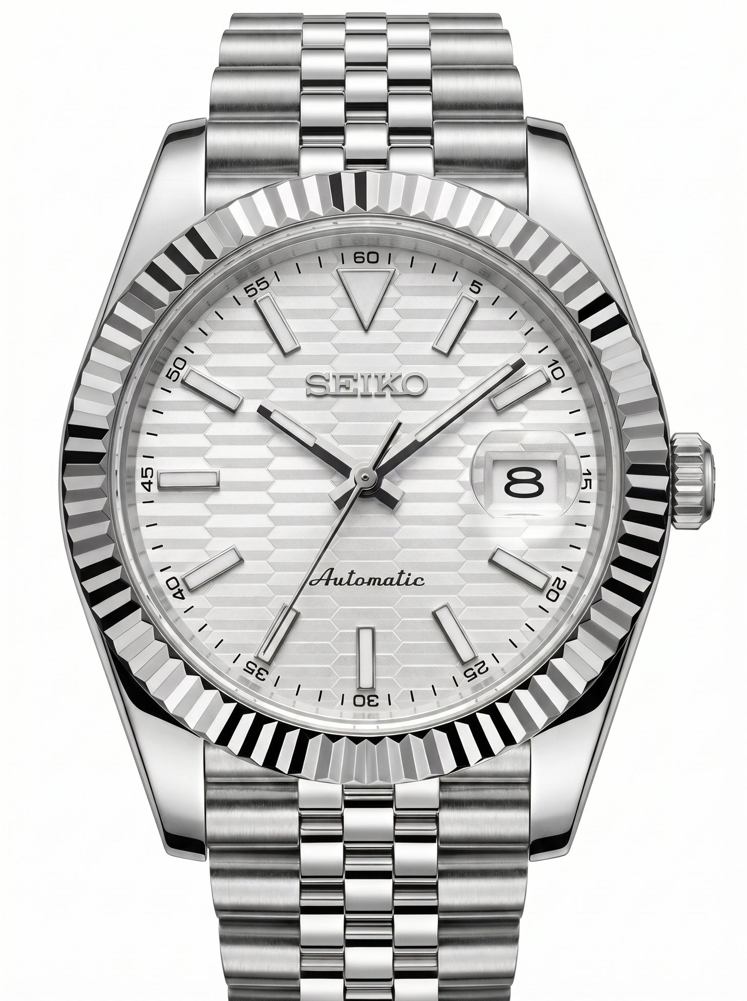Date Mod – Steel · Silver Fluted-Motif Dial – Automatic — with Seiko logo
