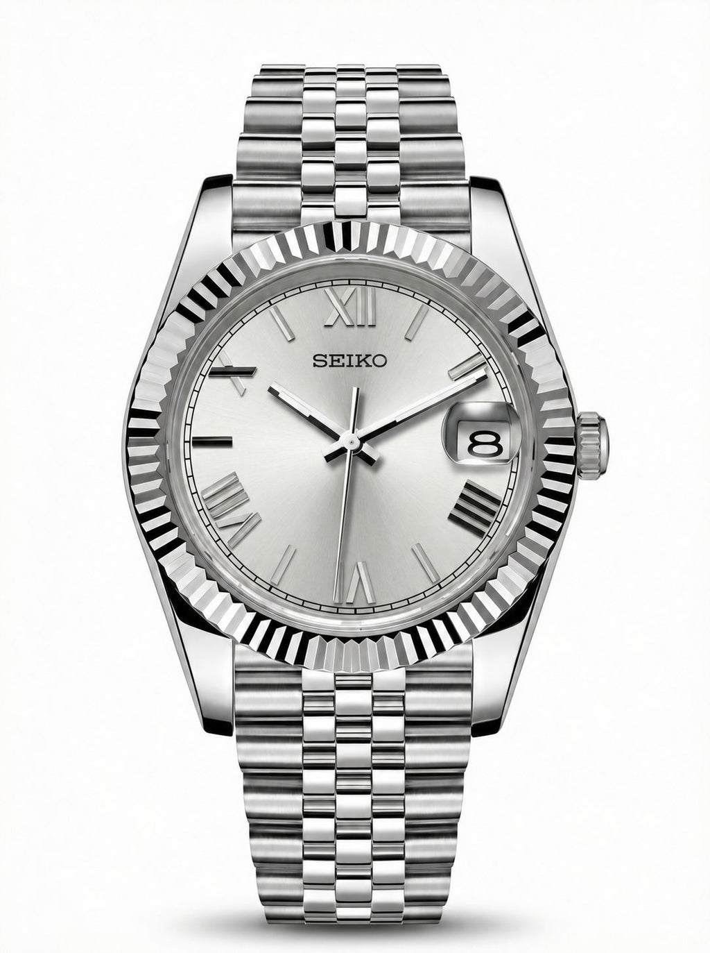 Date Mod – Steel · Silver Roman Dial – Automatic — with Seiko logo