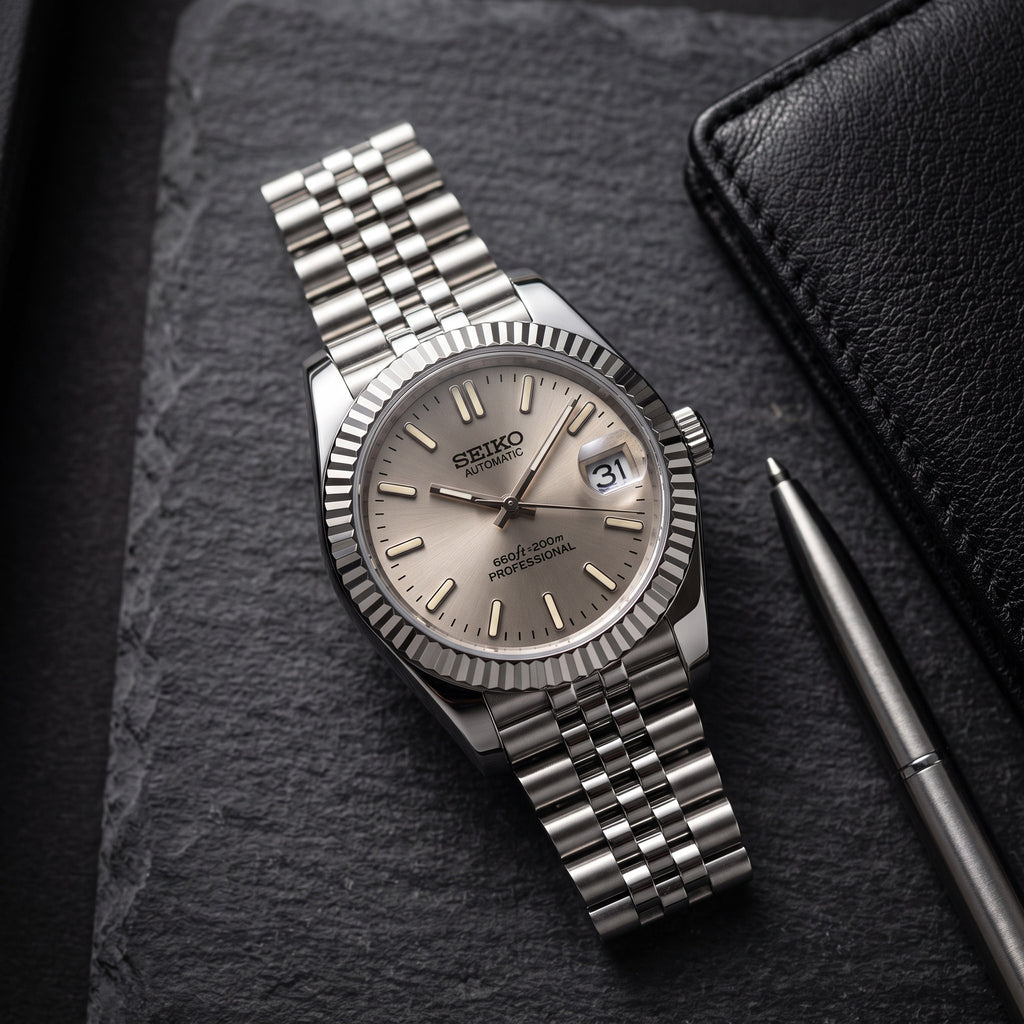 Date Mod – Steel · Taupe Stick Dial – Automatic – lifestyle flat lay