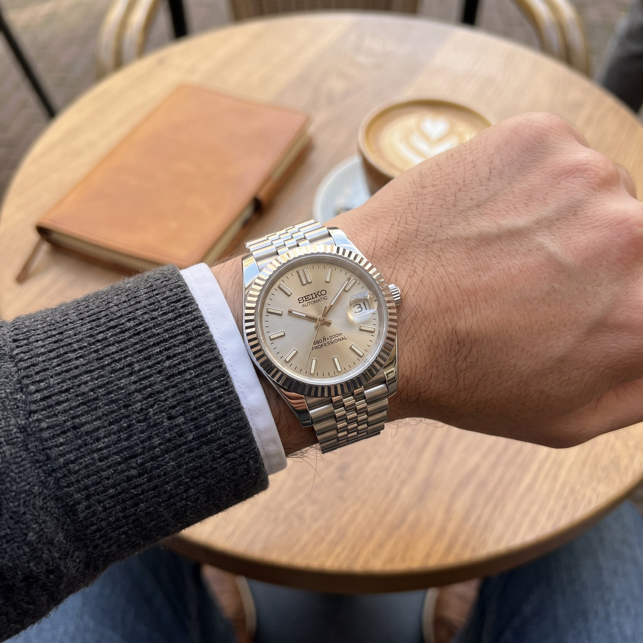 Date Mod – Steel · Taupe Stick Dial – Automatic – on-wrist view