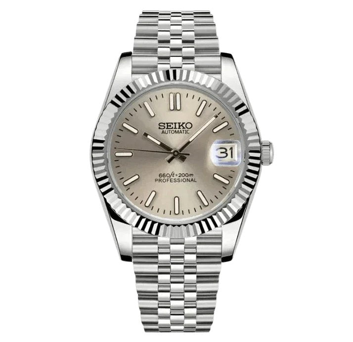 Date Mod – Steel · Taupe Stick Dial – Automatic — with Seiko logo