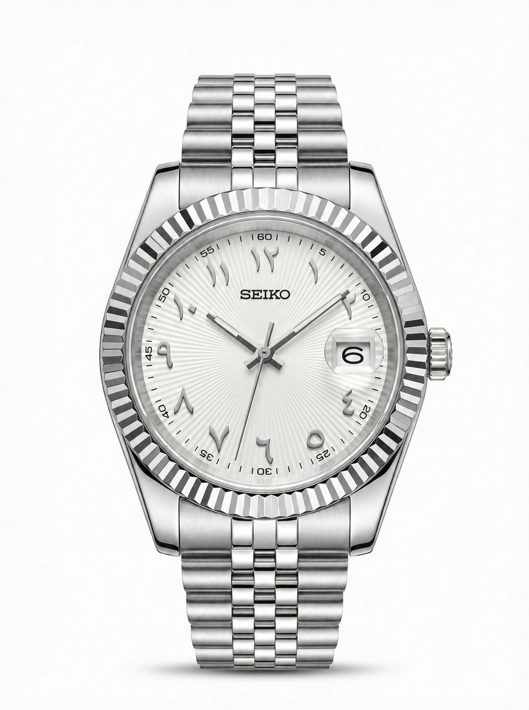 Date Mod – Steel · White Arabic Dial – Automatic — with Seiko logo