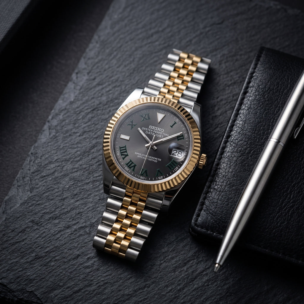 Date Mod – Two-Tone Gold · Grey Arabic Dial – Automatic – lifestyle flat lay