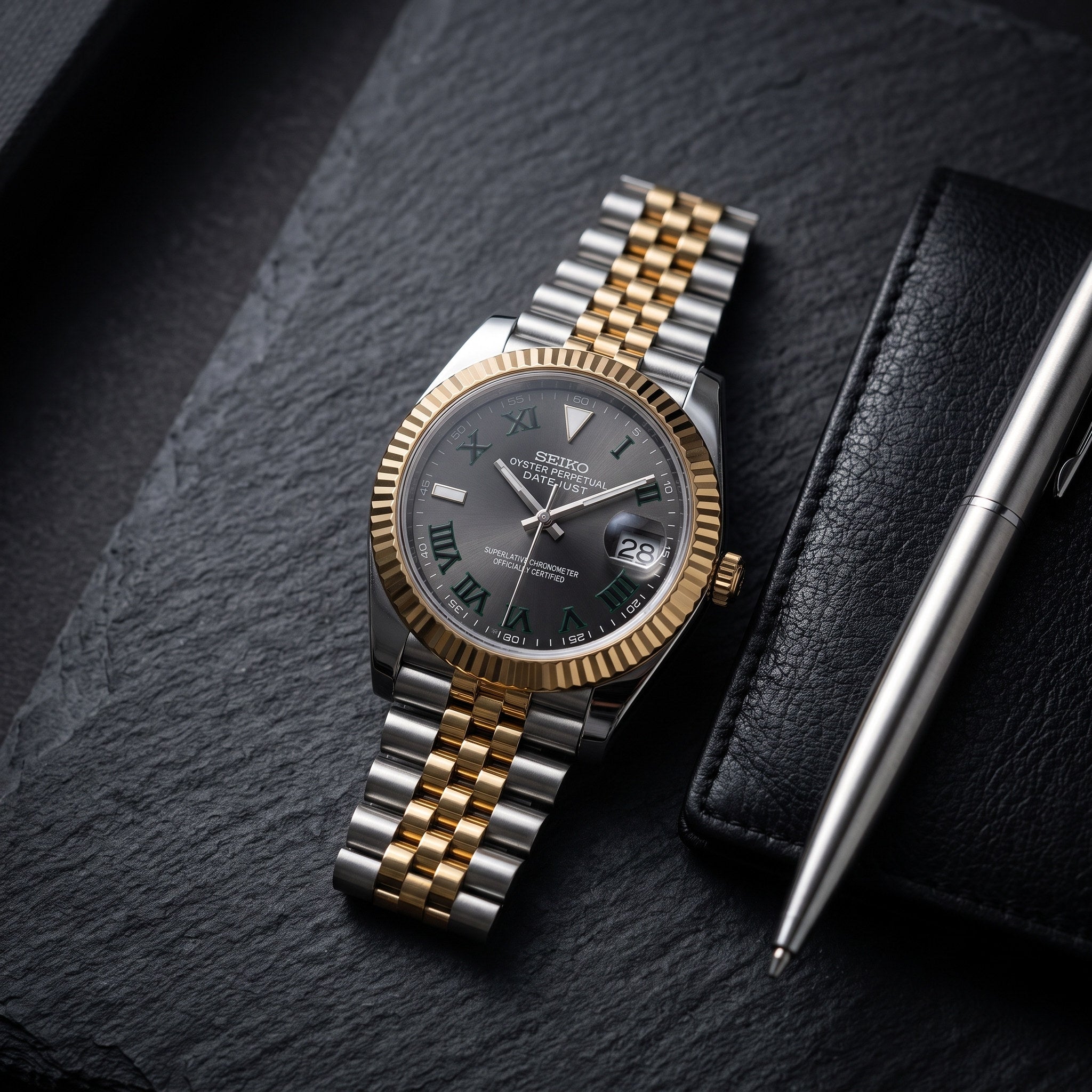 Date Mod – Two-Tone Gold · Grey Arabic Dial – Automatic – lifestyle flat lay
