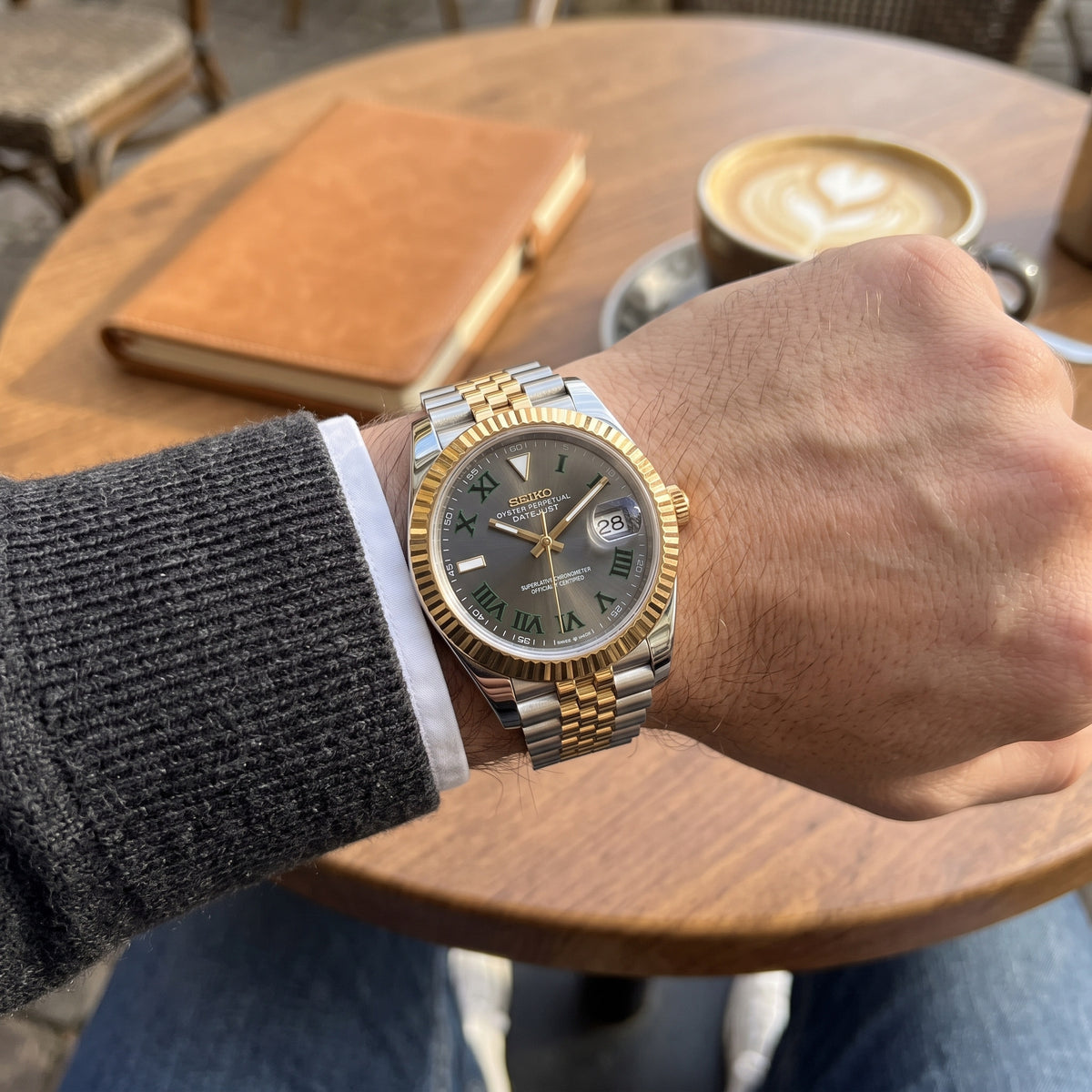 Date Mod – Two-Tone Gold · Grey Arabic Dial – Automatic – on-wrist view
