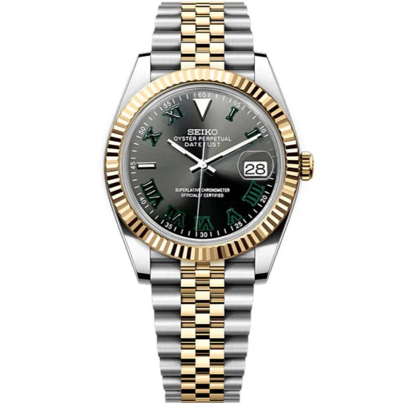 Date Mod – Two-Tone Gold · Grey Arabic Dial – Automatic — with Seiko logo